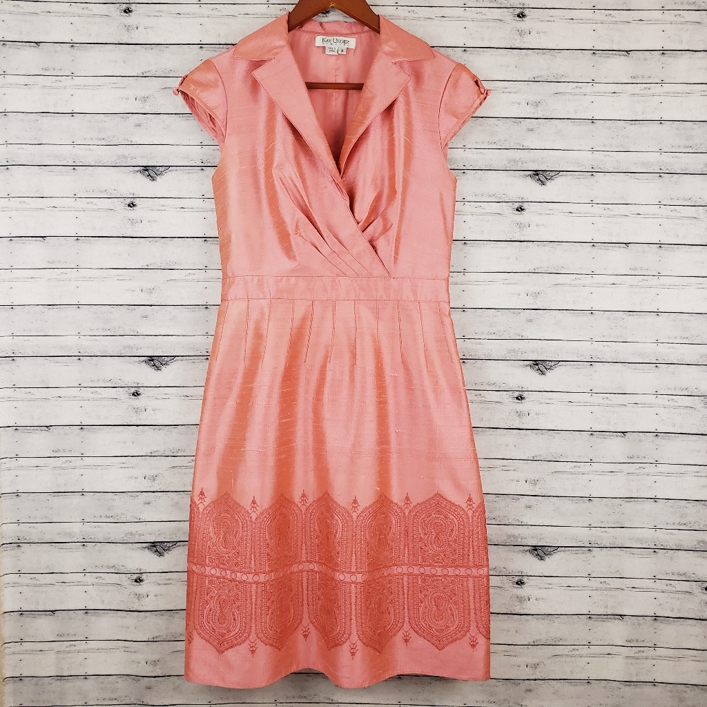 Kay Unger | Coral Silk Embroidered Hem Dress